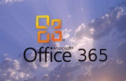 Microsoft Office 365 logo with a photo of clouds